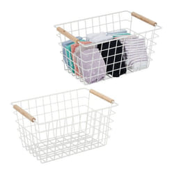 2x Paniers fil métal poignées bois rectangulaire design quadrillé vêtements accessoires HxLxP: 16x31x21 cm blanc