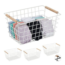 4x Paniers fil métal poignées bois rectangulaire design quadrillé vêtements accessoires HxLxP: 16x31x21 cm blanc