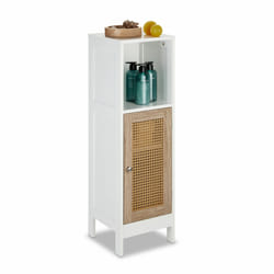 Relaxdays - Meuble de salle de bain, 3 compartiments, non fixe, HxLxP: 96,5 x 30 x 30 cm, porte en rotin, blanc - nature