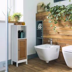 Relaxdays - Meuble de salle de bain, 3 compartiments, non fixe, HxLxP: 96,5 x 30 x 30 cm, porte en rotin, blanc - nature