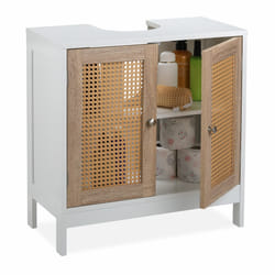Meuble sous lavabo, 60 cm de large, 2 compartiments, espace tuyauterie, portes effet rotin, blanc/naturel - Relaxdays