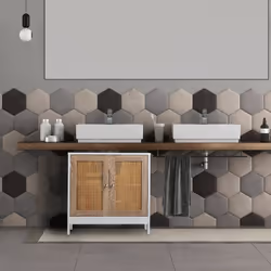 Meuble sous lavabo, 60 cm de large, 2 compartiments, espace tuyauterie, portes effet rotin, blanc/naturel - Relaxdays