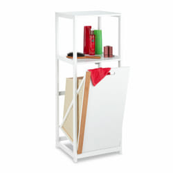 Etagère de salle de bain avec corbeille à linge, 2 rangements, panier, mdf & bambou, 98x36x30 cm, blanc/nature - Relaxdays