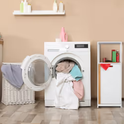 Etagère de salle de bain avec corbeille à linge, 2 rangements, panier, mdf & bambou, 98x36x30 cm, blanc/nature - Relaxdays