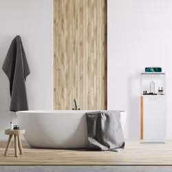 Etagère de salle de bain avec corbeille à linge, 2 rangements, panier, mdf & bambou, 98x36x30 cm, blanc/nature - Relaxdays - Vue supplémentaire 6