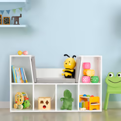 Relaxdays - Etagère à livres avec coussin, pour enfants avec 6 compartiments, 63x103x30cm, rembourré, siège.