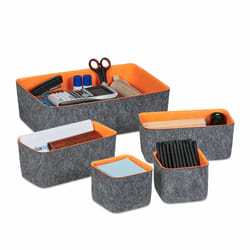 Relaxdays - Paniers de rangement en feutre, lot de 5, organiseur de tiroir pour bureau, 3 tailles, corbeilles, gris/orange