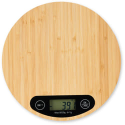 Relaxdays - Balance cuisine bambou numérique, écran lcd, fonction tare, supporte jusqu'à 5 kg, ronde, ø 20 cm, nature