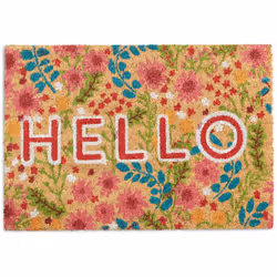 Avec cejoli paillasson en noix de coco avec un motif floral et l'inscription Hello,vous mettrez un sourire sur le visage de v ...