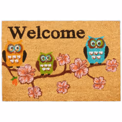 Lepaillasson original en noix de coco avec un motif de chouette, de jolies fleursde cerisier et une inscription de bienvenue ...