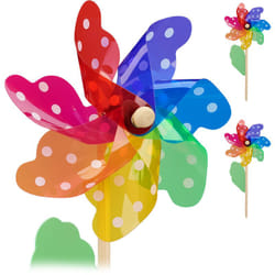 Relaxdays - Moulin à vent lot de 2, avec motif à pois et feuille de décoration, jardin, balcon, terrasse, bois/PP, coloré