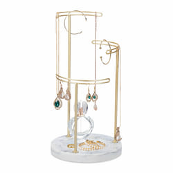 Relaxdays Présentoir à bijoux, rangement en marbre, colliers, boucles d’oreilles, 3 bras en métal, HxD 35x18 cm, doré