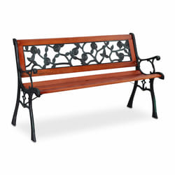 Banc de jardin, motif roses, 2 sièges, bois, fonte, balcon, terrasse, HxLxP 73 x 125 x 52,5 cm, nature/vert - Relaxdays