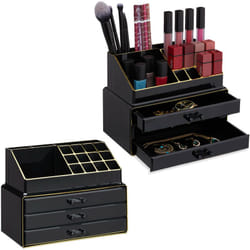 Relaxdays - Lot de 2 organiseurs de maquillage, boîte rangement Make up avec tiroirs, support empilable, noir/or