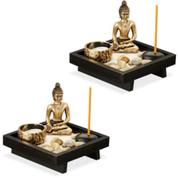 Relaxdays - Jardin zen, en lot de 2, avec Bouddha, pierres, sable, tiges d'encens & porte-bougie, relaxation, Déco Feng shui, noir