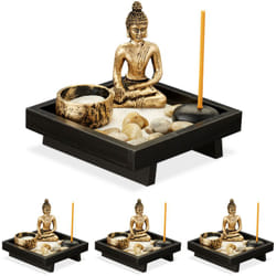 Relaxdays - Jardin zen, en lot de 4, avec Bouddha, pierres, sable, tiges d'encens & porte-bougie, relaxation, Déco Feng shui, noir