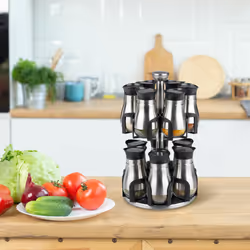 Relaxdays - Carrousel à épices, 12 pots, acier inoxydable & verre, rotatif, lave-vaisselle, support à herbes, argenté/noir