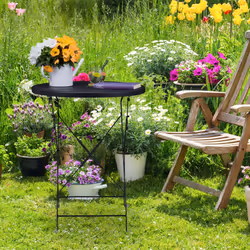 Relaxdays Table de jardin pliante, HxD 71,5 x 60,5 cm, résistant aux intempéries, trou pour parasol, rond, acier, noir