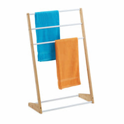 Porte-serviette sur pied, 3 barres, salle de bain, chambre, hlp : 98 x 62 x 30 cm, bambou et fer, nature/blanc - Relaxdays