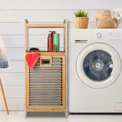 Meuble à linge, avec bac pliable, 2 surfaces de rangement, bambou et tissu, hlp 95 x 40 x 30 cm, nature/gris - Relaxdays