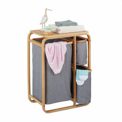 Meuble à linge, 3 bacs, bambou, étagère pour salle de bain avec compartiments, hlp 70x49x33,5 cm, nature/gris - Relaxdays