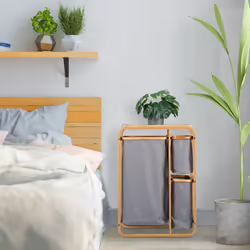 Meuble à linge, 3 bacs, bambou, étagère pour salle de bain avec compartiments, hlp 70x49x33,5 cm, nature/gris - Relaxdays