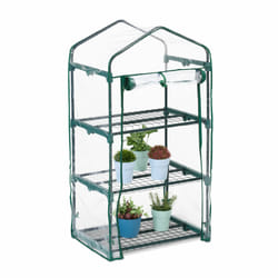 Relaxdays Serre de balcon, acier, bâche en PVC, 3 étagères, H x L x P : 122 x 64 x 45 cm, vert et transparent
