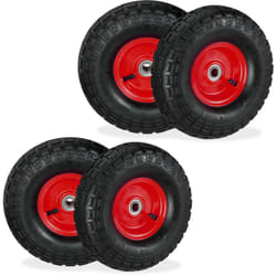 Relaxdays - Lot de 4 roues pour diable 4.1/3.5-4, chambre à air, axe de 136 mm, max. 136 kg, jantes acier 260 x 85 mm, rouge/noir