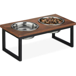 Relaxdays - 2 gamelles pour chien en acier inox, avec support couleur nature en bois de manguier, 1000 ml, 16,5x42x21 cm