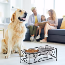 Relaxdays Gamelle pour chien, set avec support, 2 bols en acier inoxydable, 800 ml chacun, abreuvoir, noir/argenté