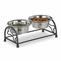 Relaxdays Porte-gamelles pour chiens et chiots, 2 écuelles, chacune ayant un volume de 300 ml, noir/argenté