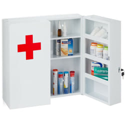 Relaxdays - Armoire à pharmacie xxl, verrouillable, 11 compartiments, acier, HxLxP: 53,5x53x19 cm, 2 portes, blanc - rouge