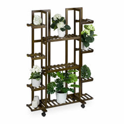 Tagère à plantes, avec 9 emplacements, en bambou, roulettes, hlp : env. 130 x 89 x 30 cm, intérieur, marron - Relaxdays