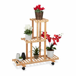 Tagère à plantes, avec 3 emplacements, en bambou, roulettes, hlp : env. 82 x 81 x 36 cm, intérieur, nature - Relaxdays