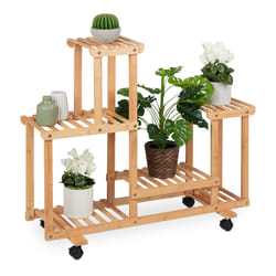 Tagère à plantes, avec 6 emplacements, en bambou, roulettes, hlp : env. 79 x 95 x 36 cm, intérieur, nature - Relaxdays