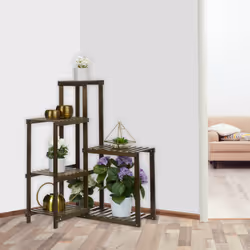 Meuble plantes bambou, 6 étagères, Rangement d'angle, h x l x p : 101x62x62 cm, ranger fleurs salon, marron - Relaxdays