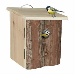 Relaxdays - Nichoir d'extérieur pour oiseaux, bois, avec écorce, à suspendre, trou d'envol, hlp 20x16,5x16,5 cm, nature