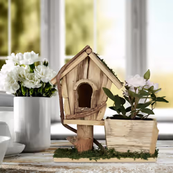Relaxdays Pot de fleurs carré en bois, nichoir décoratif, avec mousse et écorce, pour intérieur & extérieur, nature/vert