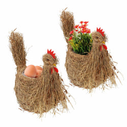 Relaxdays - Lot de 2 poules en paille, pot de fleurs, fait à la main, panier à œufs, décoration pour l'intérieur, naturel