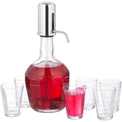 Relaxdays - Distributeur d'eau, set pratique avec 6 verres, pompe manuelle, fontaine à boissons 2,4 litres, transparent