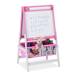 Relaxdays - Tableau dessin enfant, 2 en 1, tableau à rouleau de papier&panier, hlp 94x52x46,5 cm, tableau noir, rose/blanc