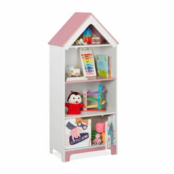 Relaxdays - tagère enfants super-héroïne, 4 compartiments à jouets, armoire à portes, HxLxP 116x51x30 cm, blanc et rose