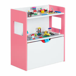 Relaxdays Étagère enfants, surface à briques, rangement, roues, HxLxP : 60x52x26,5 cm, commode jouets, MDF, blanc-rose