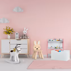 Relaxdays Étagère enfants, surface à briques, rangement, roues, HxLxP : 60x52x26,5 cm, commode jouets, MDF, blanc-rose