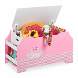Coffre à jouets, motif cygne, malle, couvercle, porte-livres, hlp: 46x84x42,5 cm, caisse rangement, rose-blanc - Relaxdays