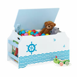 Relaxdays Coffre à jouets, motif maritime, malle, couvercle, HLP : 46x84x42,5 cm, range-livres, bac peluches, bleu-blanc