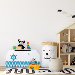 Relaxdays Coffre à jouets, motif maritime, malle, couvercle, HLP : 46x84x42,5 cm, range-livres, bac peluches, bleu-blanc