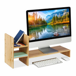 Relaxdays - Support pour moniteur en bambou, pose écran hauteur, hlp: 30x67x20 cm, ergonomique, 4 compartiments, naturel