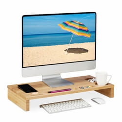 Relaxdays - Support de moniteur, bambou, rehausseur écran bureau, 7 compartiments, dessous pc, hlp 8,5x60x30 cm, naturel