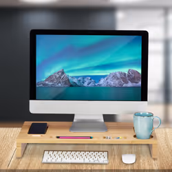 Relaxdays - Support de moniteur, bambou, rehausseur écran bureau, 7 compartiments, dessous pc, hlp 8,5x60x30 cm, naturel